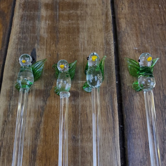 Unknown Other - Set of 4 Hand Blown Glass Bird Swizzle Stir Sticks Cocktail Stirrers Barware